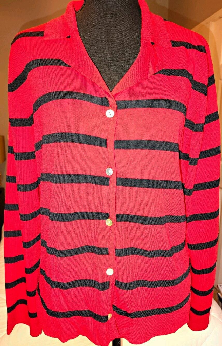 Carolyn Taylor Essentials Women's Large Striped Button Sweater Red Navy